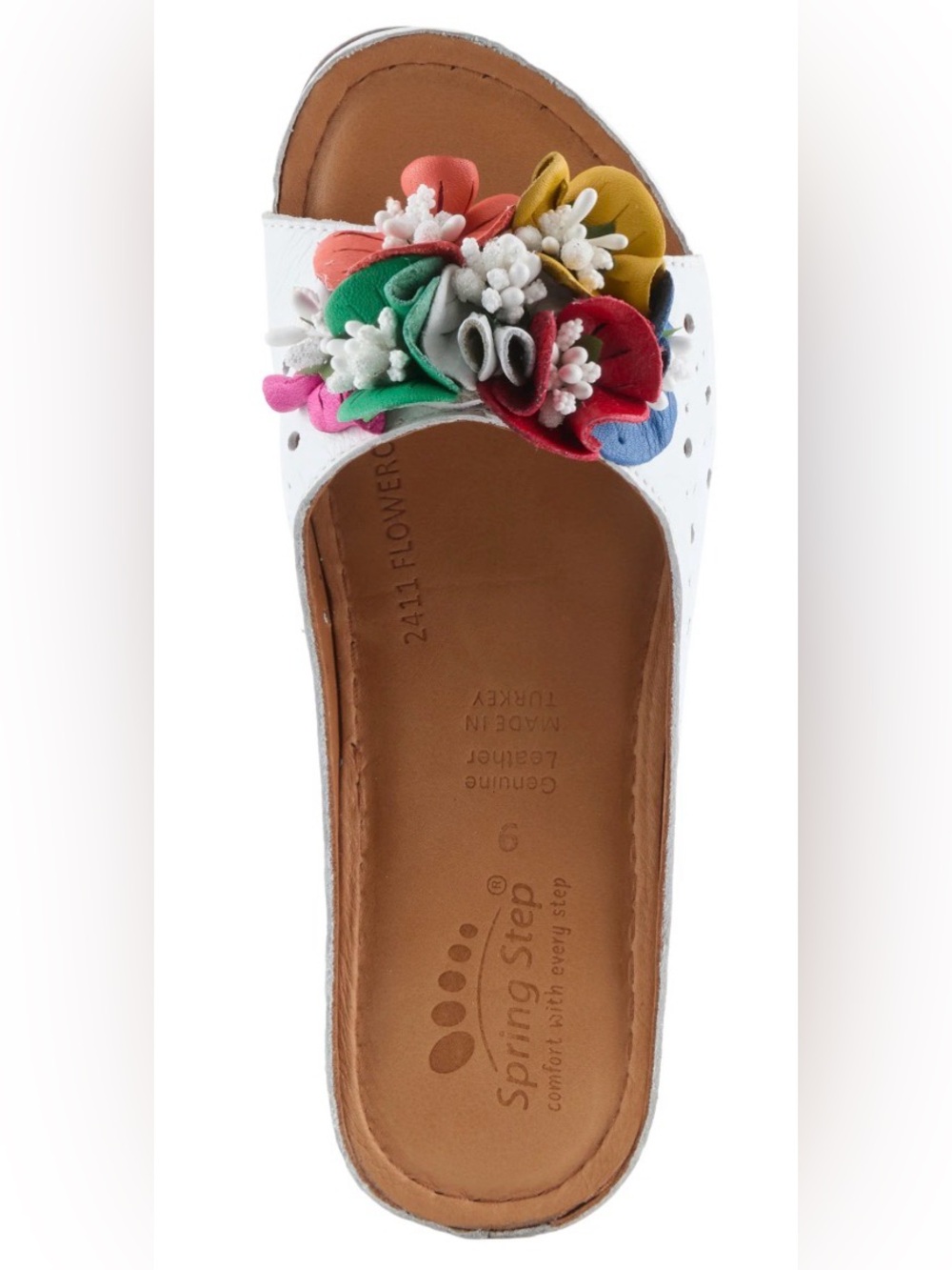 NWOB Spring Step Flowerchild White Leather Slide with Floral Detail Size 38